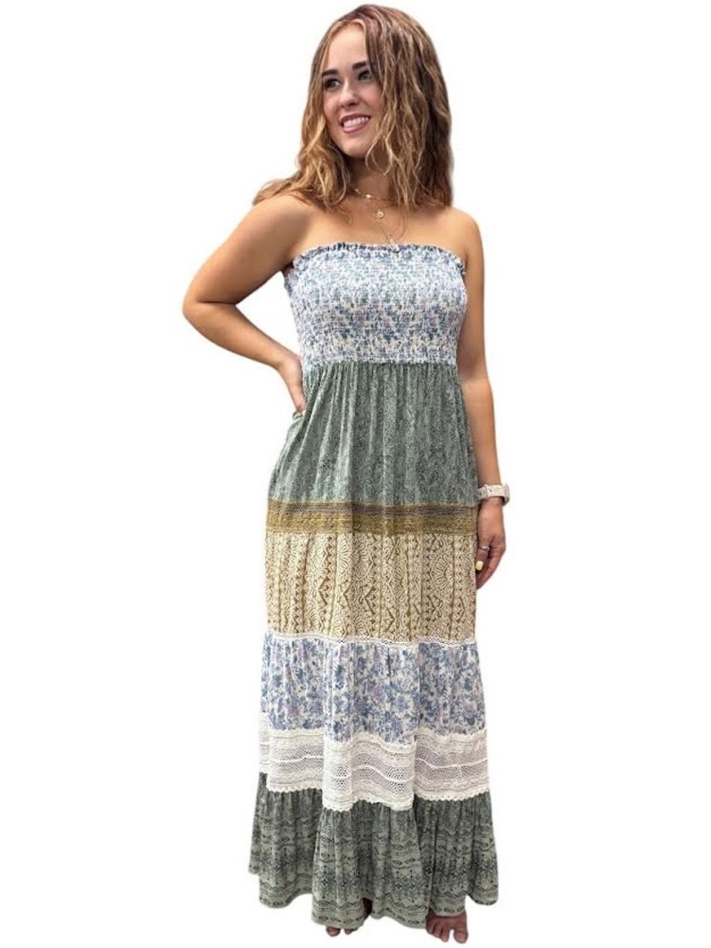 Angie Strapless Boho Tiered Maxi Dress in Green and Cream